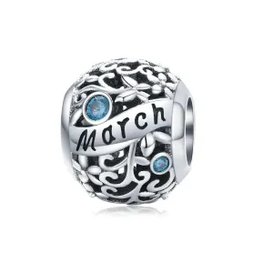 Rodowany srebrny charms do pandora miesiąc marzec month march cyrkonie srebro 925