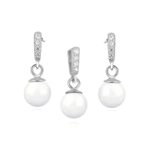 Elegancki rodowany srebrny komplet z perłami i cyrkoniami perła perły krople cyrkonie srebro 925
