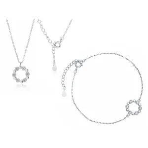Elegancki rodowany srebrny komplet celebrytka kółko circle ring białe cyrkonie srebro 925