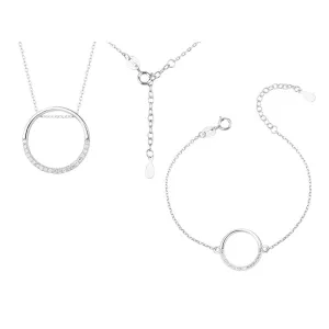 Elegancki rodowany srebrny komplet celebrytka duże kółko circle ring cyrkonie srebro 925