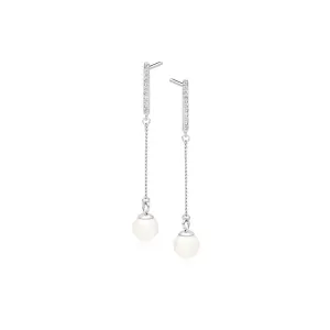 Delikatne rodowane srebrne długie wiszące kolczyki perły perełki cyrkonie srebro 925