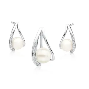 Elegancki rodowany srebrny komplet z perłami i cyrkoniami perła perły krople cyrkonie srebro 925