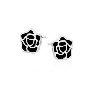 Delikatne rodowane srebrne kolczyki kwiaty róża rose czarna emalia srebro 925