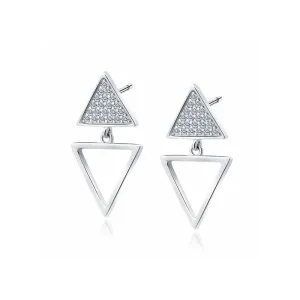 Eleganckie srebrne kolczyki wkrętki wiszące trójkąty triangle białe cyrkonie srebro 925