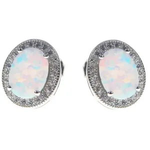 Eleganckie owalne rodowane srebrne kolczyki z opalem i cyrkoniami owal opal cyrkonie srebro 925