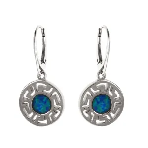 Eleganckie wiszące okrągłe rodowane srebrne kolczyki niebieski opal srebro 925