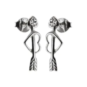 Eleganckie rodowane srebrne kolczyki serce i strzała miłości cyrkonie srebro 925
