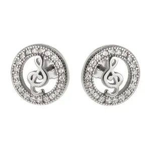 Eleganckie rodowane srebrne kolczyki celebrytki klucz wiolinowy białe cyrkonie srebro 925