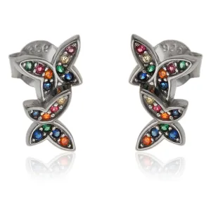 Delikatne rodowane srebrne kolczyki motyle motylki buterfly kolorowe cyrkonie srebro 925