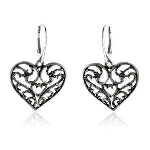 Eleganckie wiszące oksydowane srebrne kolczyki ażurowe serca serduszka heart srebro 925