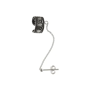 Delikatny oksydowany srebrny kolczyk nausznica z łańcuszkiem na małżowinę ear cuff pacyfka peace pokój srebro 925