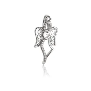 Delikatny rodowany srebrny wisiorek ażurowy anioł aniołek angel biał cyrkonie srebro 925