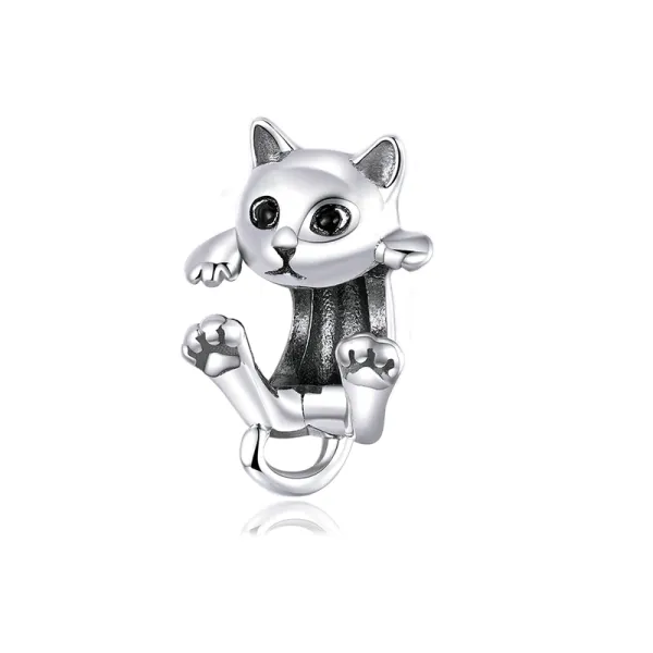 Rodowany srebrny wiszący charms do pandora bawiący się kotek kot cat mruczek pupil srebro 925