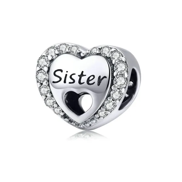 Rodowany srebrny charms do pandora serce heart siostra sister cyrkonie srebro 925