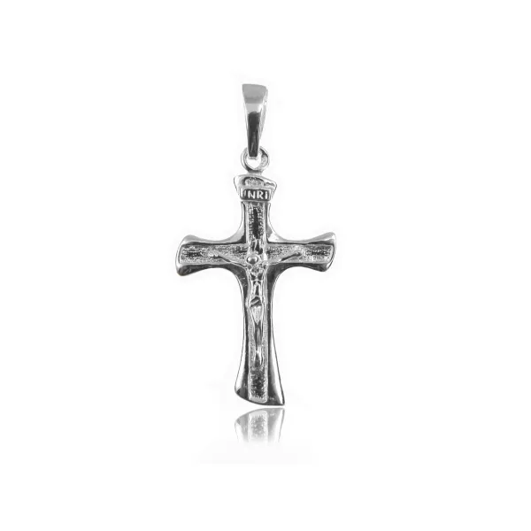 Elegancki srebrny wisior dwustronny gładaki krzyż krzyżyk z wizerunkiem Chrystusa srebro 925