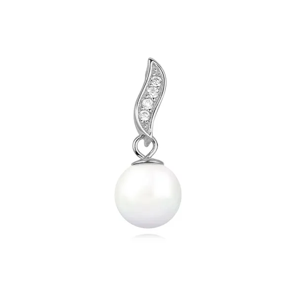 Elegancki rodowany srebrny wisior wisiorek perła perełka białe cyrkonie srebro 925