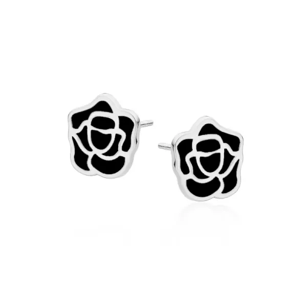Delikatne rodowane srebrne kolczyki kwiaty róża rose czarna emalia srebro 925