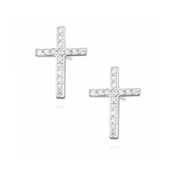 Delikatne rodowane srebrne kolczyki celebrytka krzyżyk krzyż cyrkonie srebro 925