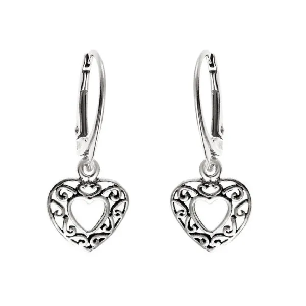 Eleganckie wiszące ażurowe srebrne kolczyki serca serduszka heart srebro 925