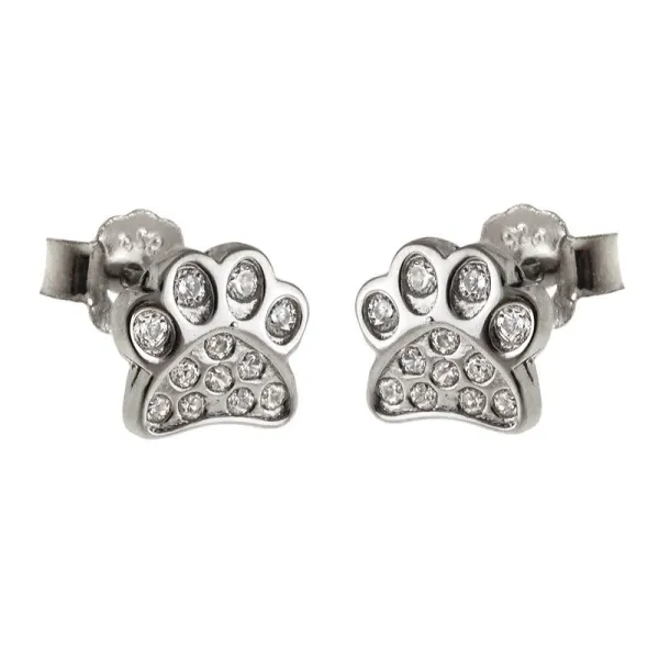 Eleganckie rodowane srebrne kolczyki celebrytki psie kocie łapki białe cyrkonie srebro 925
