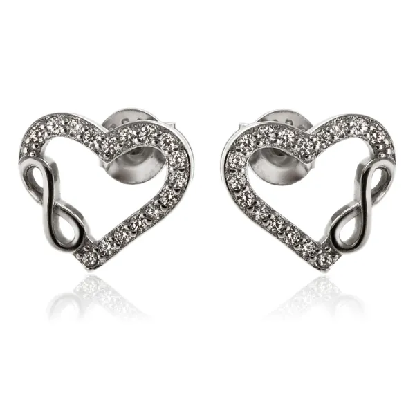 Delikatne rodowane srebrne kolczyki celebrytki serca serduszka nieskończoność infinity heart białe cyrkonie srebro 925