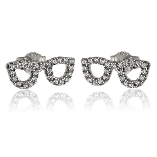 Delikatne rodowane srebrne kolczyki celebrytki okulary glasses białe cyrkonie srebro 925