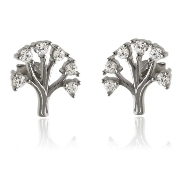 Delikatne rodowane srebrne kolczyki celebrytki drzewko drzewo życia tree białe cyrkonie srebro 925