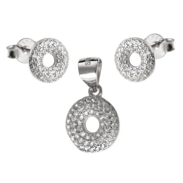 Delikatny rodowany srebrny komplet kółka circle ring białe cyrkonie srebro 925