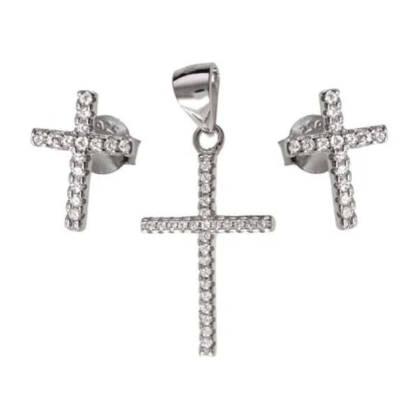 Delikatny rodowany srebrny komplet krzyżyk krzyż cross białe cyrkonie srebro 925