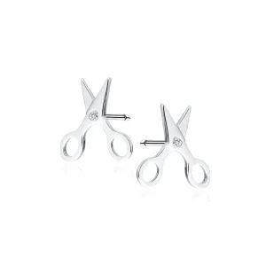 Delikatne rodowane srebrne kolczyki nożyczki scissors białe cyrkonie srebro 925