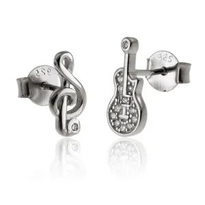 Delikatne rodowane srebrne kolczyki celebrytki gitara klucz wiolinowy białe cyrkonie srebro 925