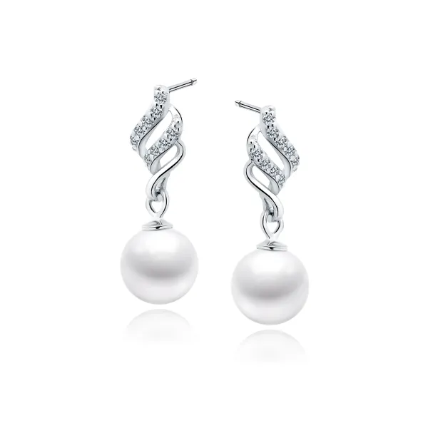 Delikatne rodowane wiszące srebrne kolczyki perły perełki cyrkonie srebro 925
