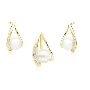 Elegancki pozłacany srebrny komplet z perłami i cyrkoniami perła perły krople cyrkonie srebro 925