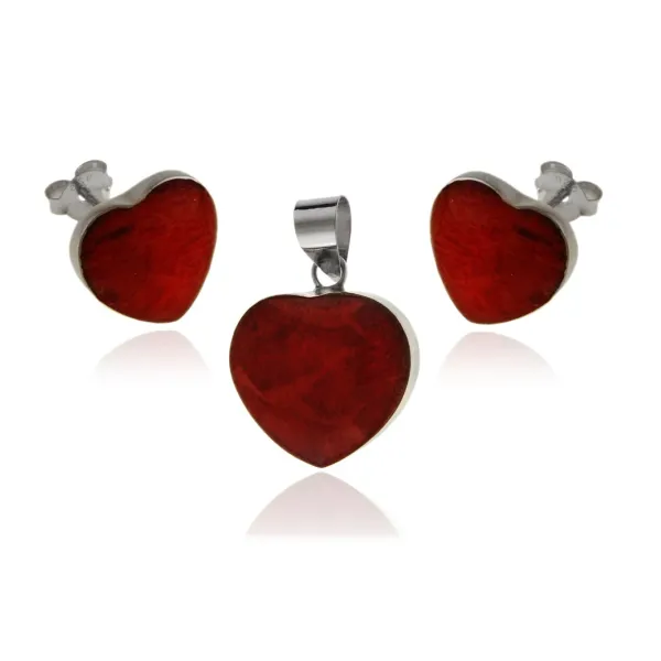 Elegancki srebrny komplet serca serduszka heart czerwony koral srebro 925