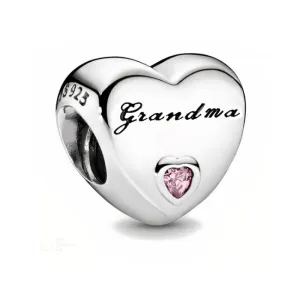 Rodowany srebrny charms pandora serce heart babcia grandma cyrkonie srebro 925