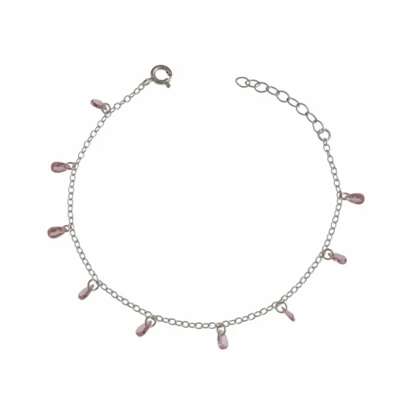 Delikatna srebrna bransoletka łezki krople różowe kryształki srebro 925