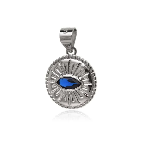 Rodowany srebrny okrągły wisior wisiorek oko opatrzności szafirowa cyrkonia srebro 925