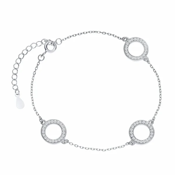 Rodowana srebrna bransoletka gwiazd celebrytka kółka circle ring cyrkonie srebro 925