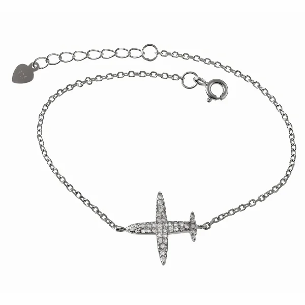 Elegancka rodowana srebrna bransoleta gwiazd celebrytka samolot airplane cyrkonie srebro 925
