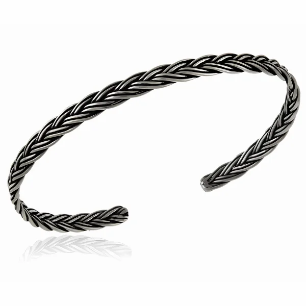 Elegancka oksydowana srebrna sztywna bransoleta ze wzorem warkocz srebro 925