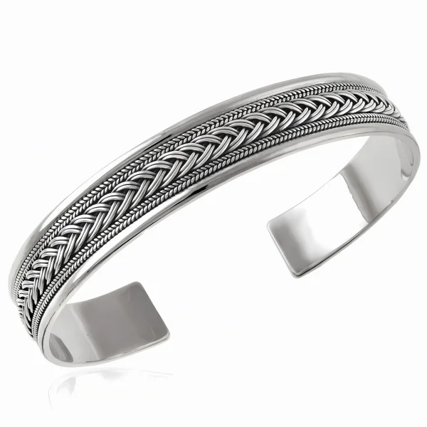 Elegancka szeroka srebrna bransoleta z plecionym wzorem srebro 925