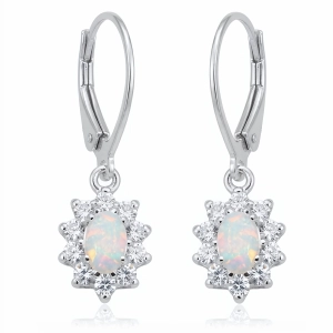 Eleganckie wiszące srebrne owalne kolczyki cyrkonie biały opal srebro 925