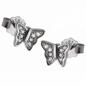 Eleganckie rodowane srebrne kolczyki motyle butterfly białe cyrkonie srebro 925