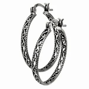 Eleganckie wiszące oksydowane srebrne kolczyki ażurowe koła kółka 3cm rynienki wzór srebro 925