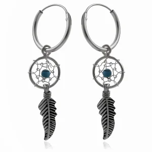Delikatne oksydowane srebrne kolczyki kółka łapacz snów dreamcatcher turkusowy koralik srebro 925