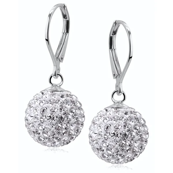 Eleganckie wiszące kolczyki białe kuleczki Crystal beads 14mm shamballa srebro 925