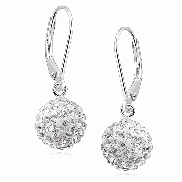 Eleganckie wiszące kolczyki białe kuleczki Crystal beads 8mm shamballa srebro 925
