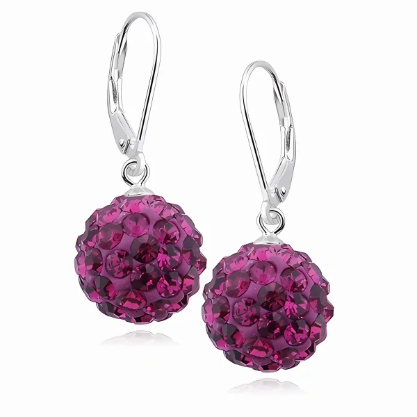 Eleganckie wiszące kolczyki kuleczki Crystal beads fuksja 12mm shamballa srebro 925
