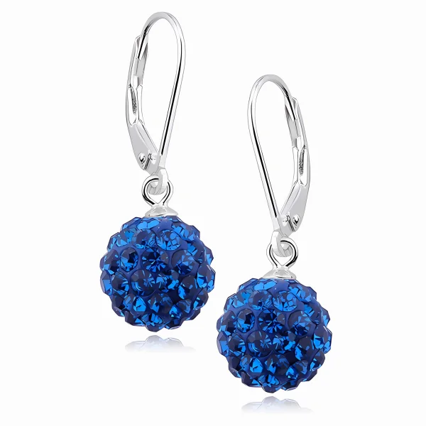 Eleganckie wiszące kolczyki kuleczki capri blue Crystal beads 10mm shamballa srebro 925