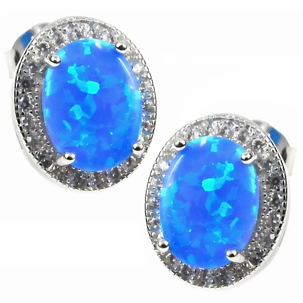 Eleganckie owalne rodowane srebrne kolczyki z opalem i cyrkoniami owal opal cyrkonie srebro 925
